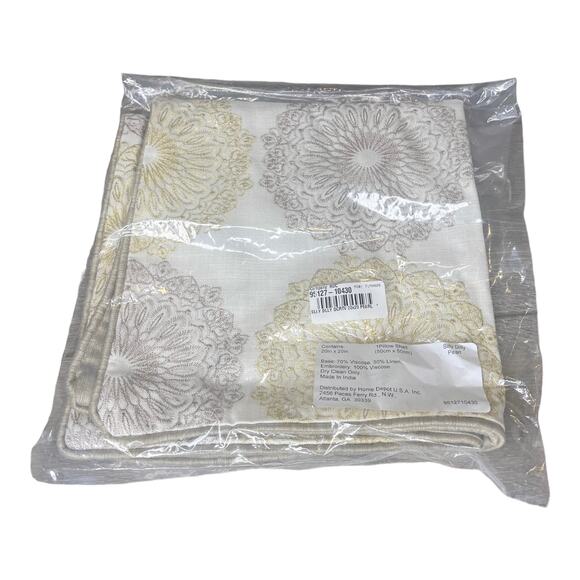 Embroidered Pillow Cover 20x20" Squar Pearl Gold Gray Flower Medallion Linen New - Picture 6 of 10